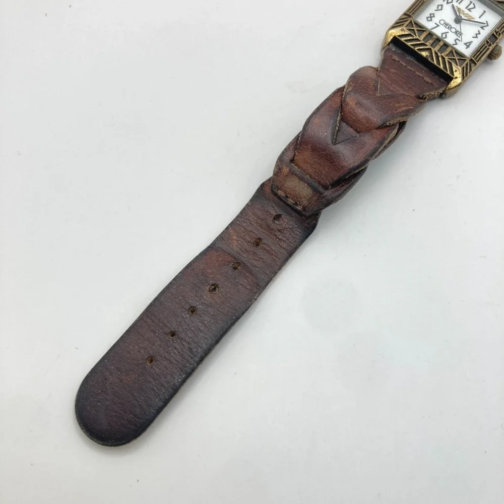 Vintage Cherokee Unisex Watch Brass Tone Leather Art Deco 23mm New Battery 9